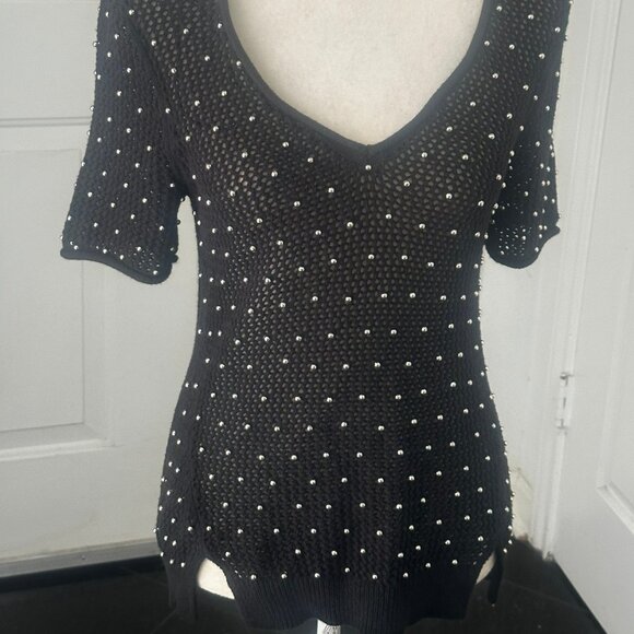 Jennifer Lopez Black Studded Open Weave Tunic Sweater Top Sz M - Picture 2 of 15